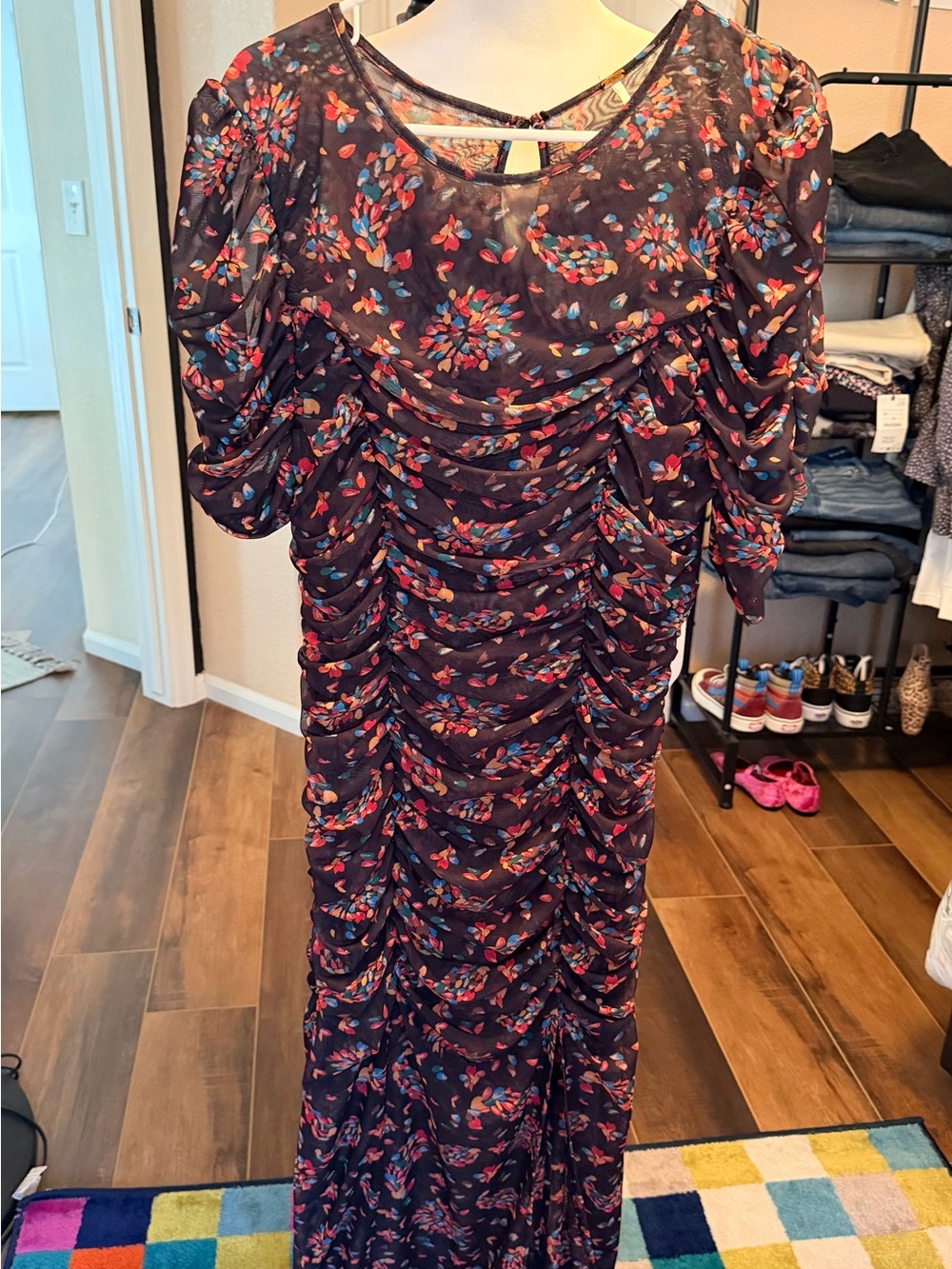Free People Navy Floral Ruched Maxi Dress